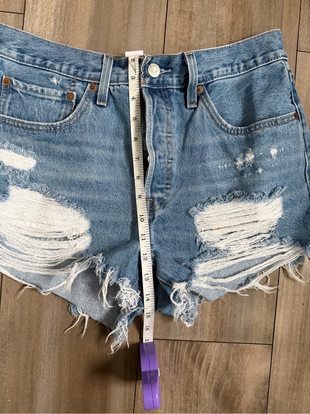 Levi's  501 Light Blue Distressed High-Rise Denim Shorts - Picture 13 of 14